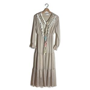 Step N style ladies boho embroidered maxi long sleeve V neck dress size small
